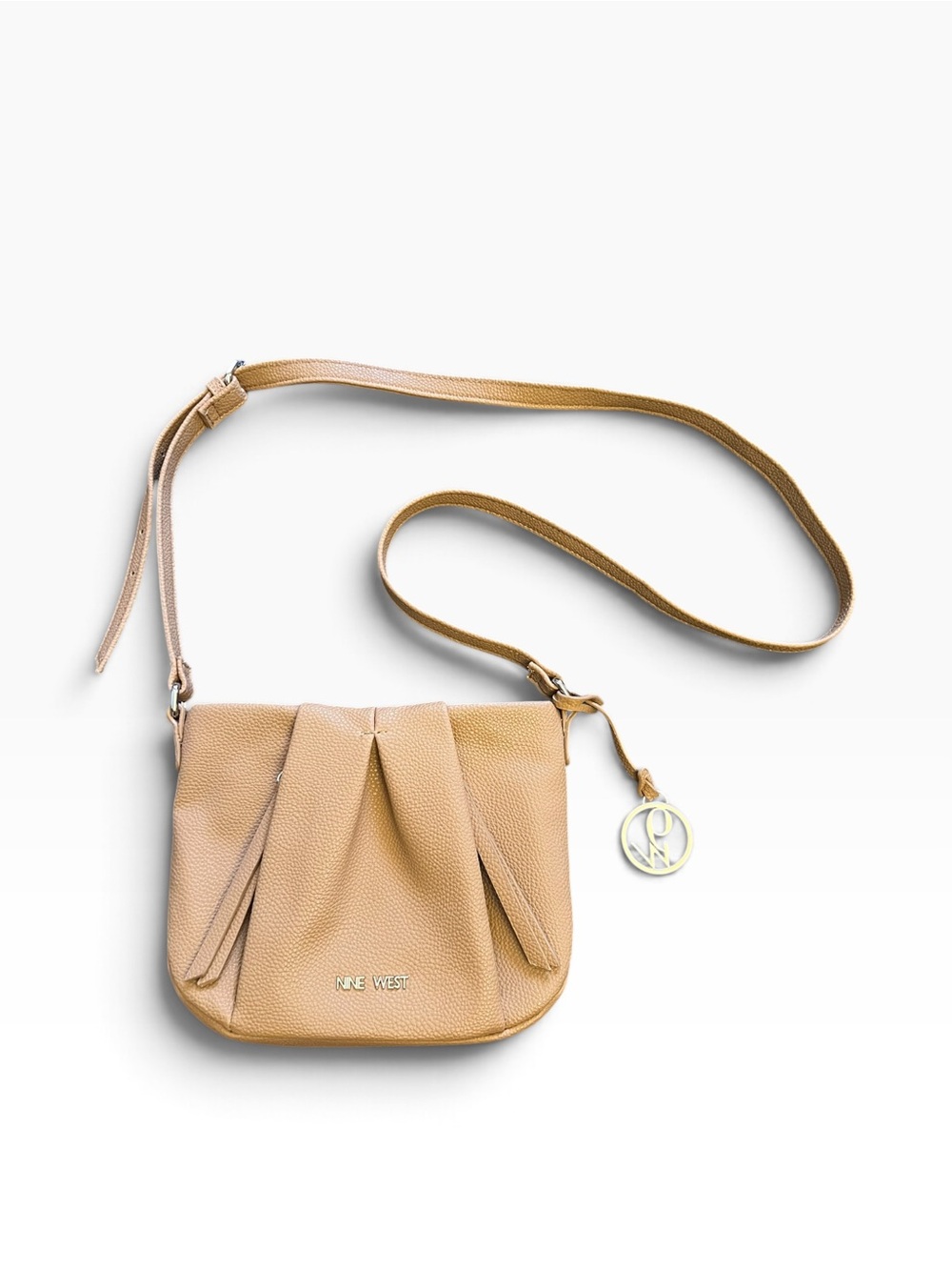 Nine West Tan Leather Pleated Crossbody with Gold Charm